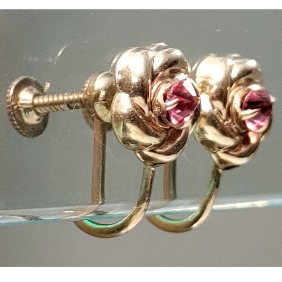 Vintage 10k Yellow Gold Small Flower Pink Paste Rhinestone Screw Back Earrings - Picture 2 of 6